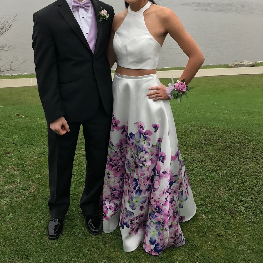 White and Purple Floral Two Piece Prom Dress